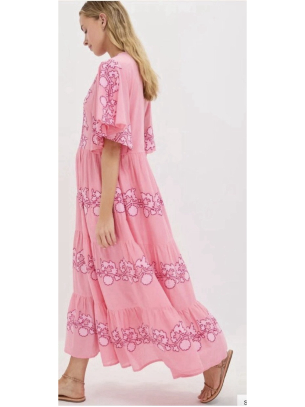 Oliphant Flirty V Neck Maxi Tiered Dress Tangier Pink Flutter Sleeve Embroidery - Picture 2 of 13